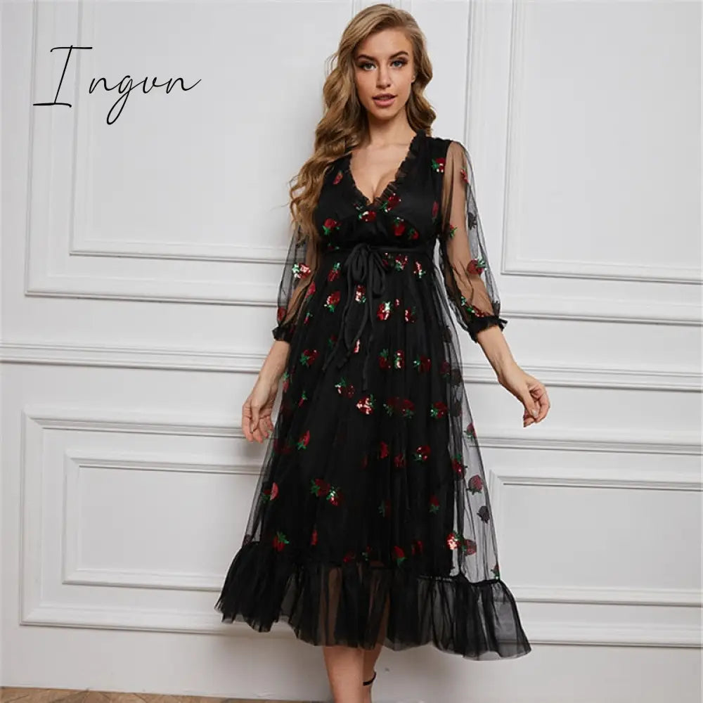 Ingvn - Strawberry Dress Women Fashion Deep V Puff Sleeve Sweet Voile Mesh Sequins Embroidery French Party Dresses 4XL 5XL