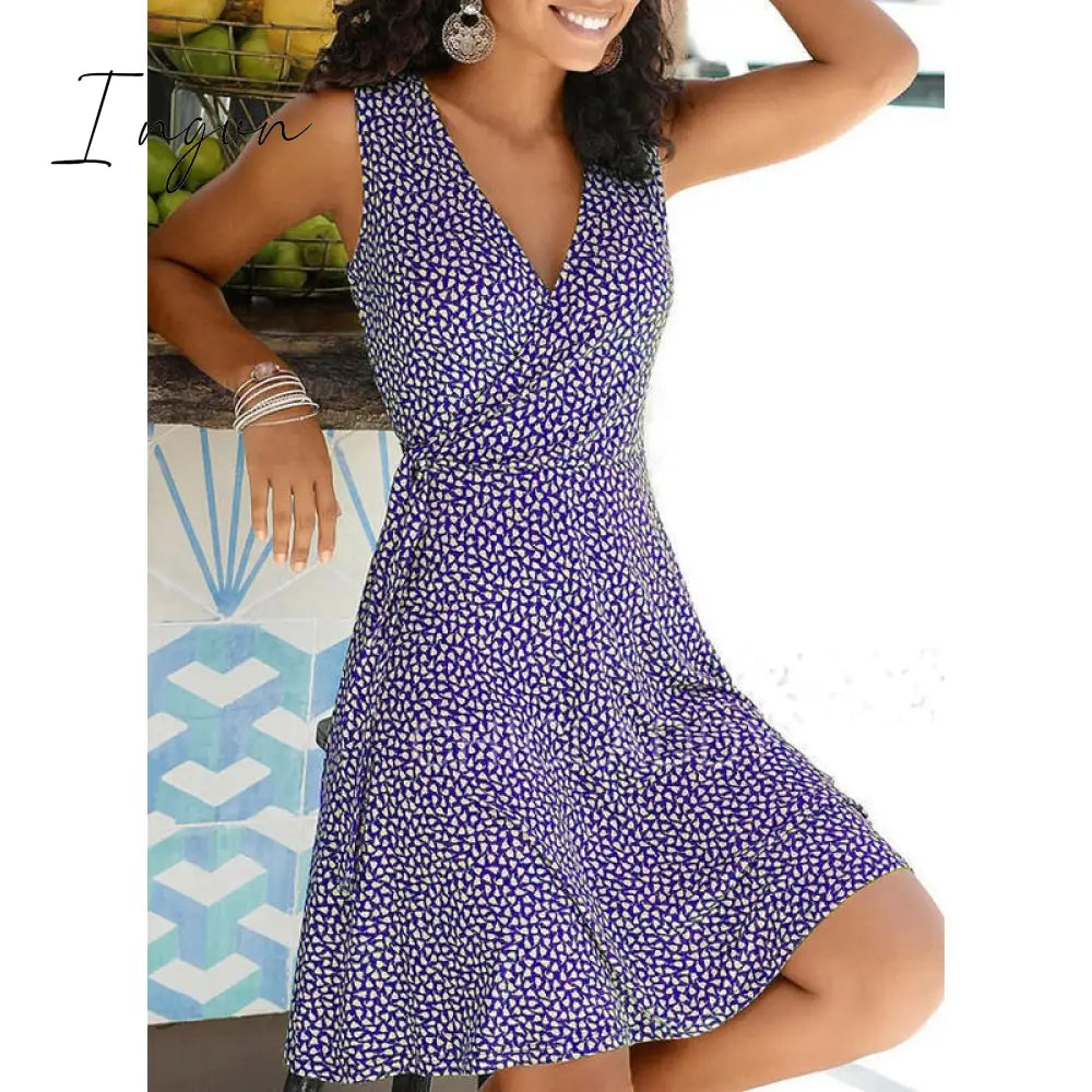 Ingvn - New Casual Polka Dot Dress Women V Neck Sleeveless Bandage Beach Dress Summer Bohemian Dresses For Women