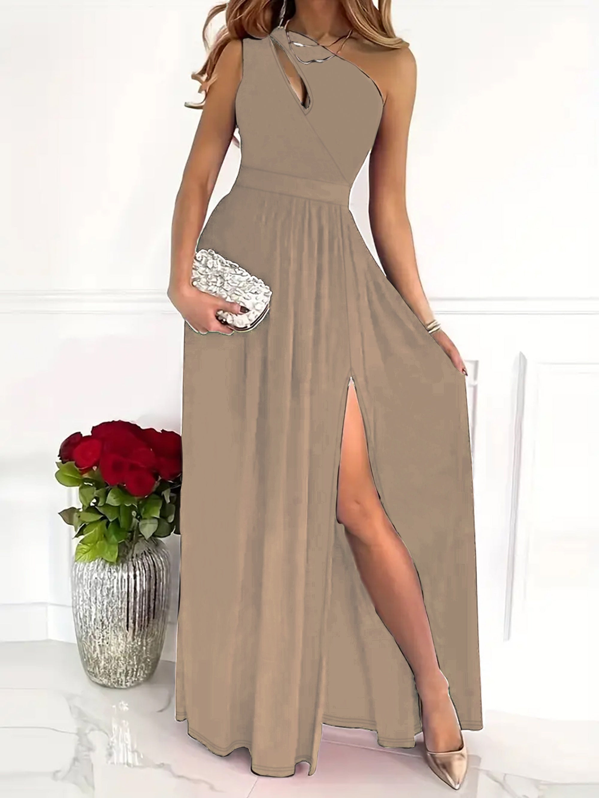 Solid One Shoulder Split Aline Dress, Elegant Ruffle Hem Sleeveless Asymmetrical Dress For Club & Party, Women's Clothing
