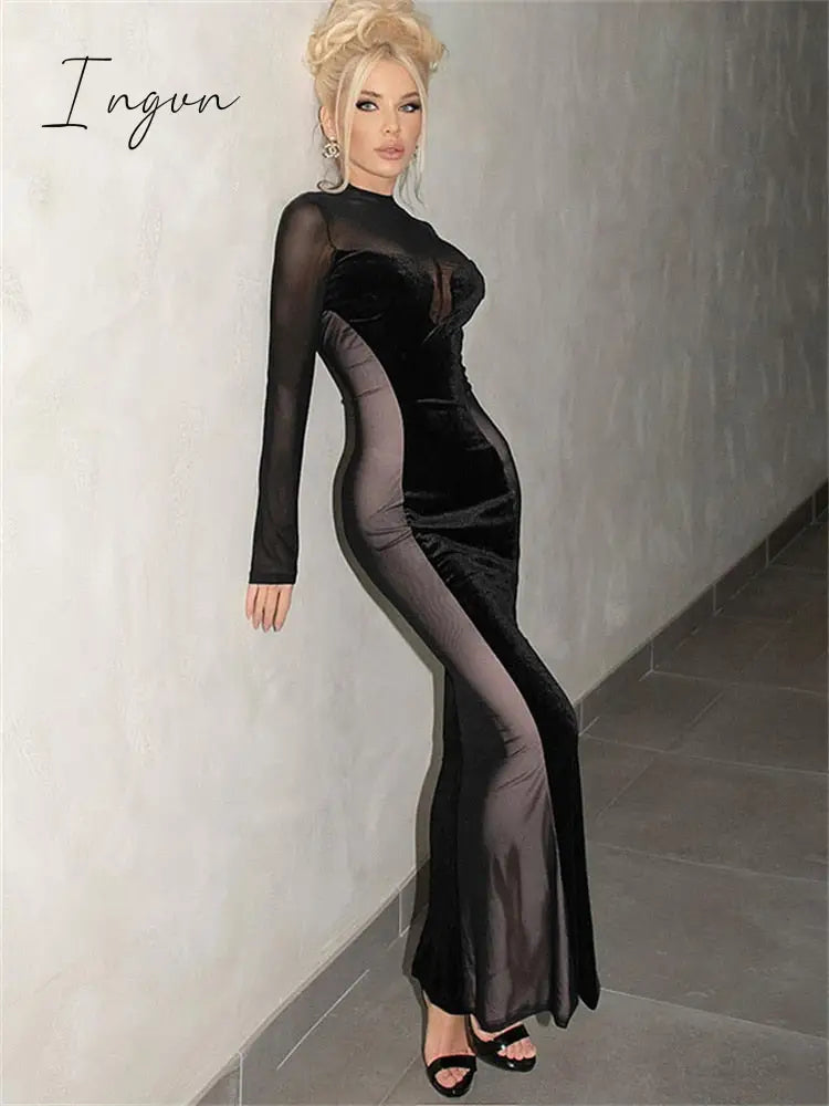 Ingvn - Womens Fall Fashion Mesh Patchwork O Neck Long Sleeve Maxi Dress Women Autumn Winter Elegant Sexy See Through Party Dresses Club Outfits