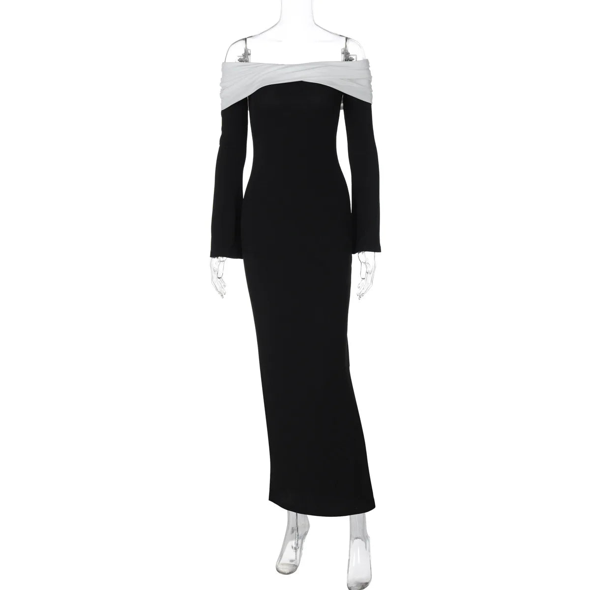 Patchwork Off-shoulder Sexy Maxi Dress For Women Fashion Strapless Long Sleeve Backless Bodycon Club Party Dress