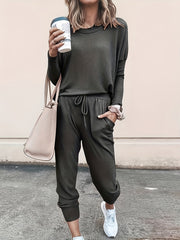 Chic Womens Two-piece Set - Comfy Long Sleeve Tee & Drawstring Jogger Pants - Versatile Solid Outfit for Casual Days