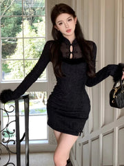 Vintage Mini Dress for Women Chinese Style Long Sleeves Bodycon Evening Party Dresses Autumn Female Slim Waist Vestidos Mujer