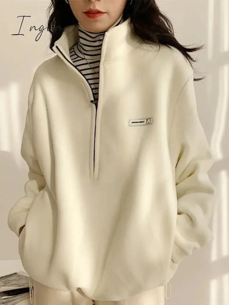 Ingvn - Korean Warm Fleece Hoodies Women Casual Kpop Fashion Plus Velevt Sweatshirt Top Autumn Winter