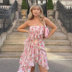 Ingvn - Elegant Party Dresses Y2k Sexy Halter Sleeveless Robe Floral Print Ruffle Vintage Midi Dress New Arrival Vestidos
