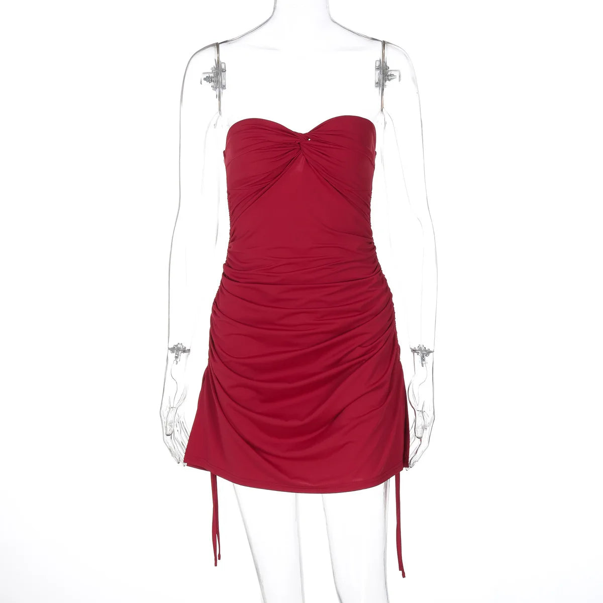 Off-shoulder Backless Sexy Mini Dress For Women Red Strapless Sleeveless Lace-up Ruched Bodycon Club Dress Elegant