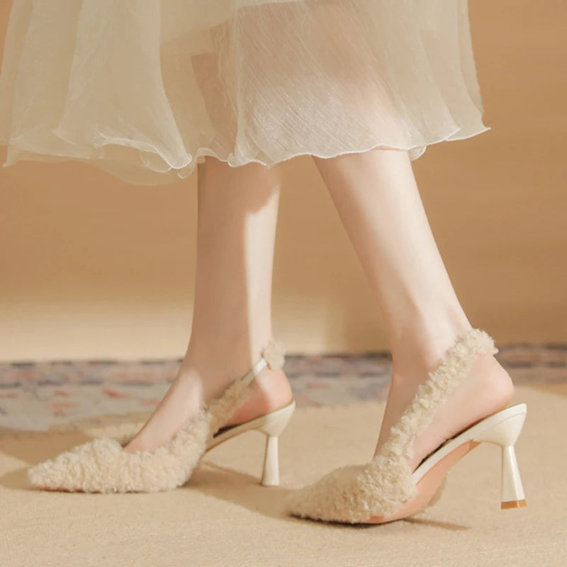 Black Fur Slingback Pumps Sandals Women Fashion Pointed Toe Shallow Slip-on Plush Pumps Ladies Elegant Evening Party Heel Shoes