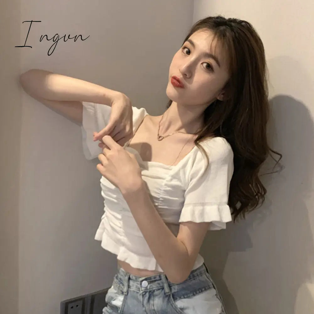 Ingvn - Knitted Fashion Blouse Woman Ruffle Youth Elegant Blouse Summer Crop top Sexy Slim fit Shirt Short sleeve