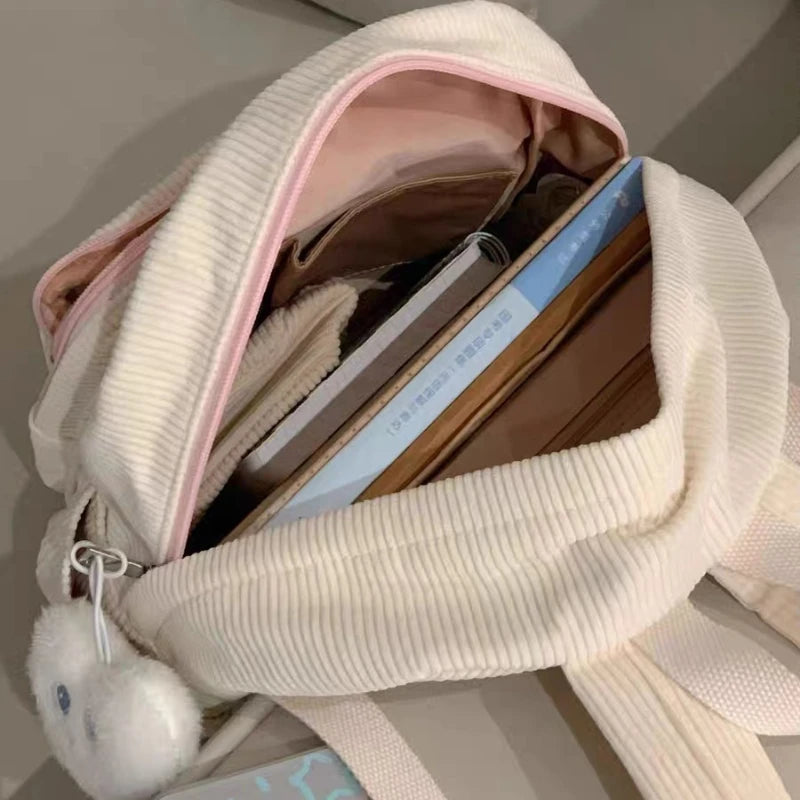 INGVN  Sweet Cute Backpack for Women Heart Star Letter White Corduroy Handbag New College Style Fresh Casual Fashion Shoulder Bag