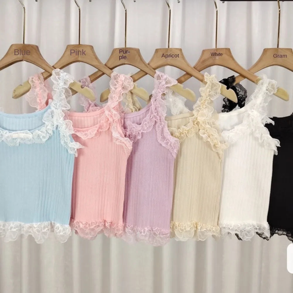 Summer Bow Lace Knitted Sling Fashion Slim Spice Girl Short Top Cool Casual Vest Women