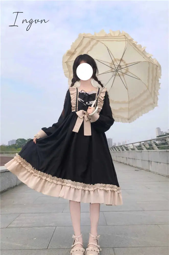 Ingvn - Japanese Harajuku Gothic Bandage Bow Splice Dress Sweet Lolita Girl Cosplay Dress Kawaii Ruffles Bow Women Party Dress