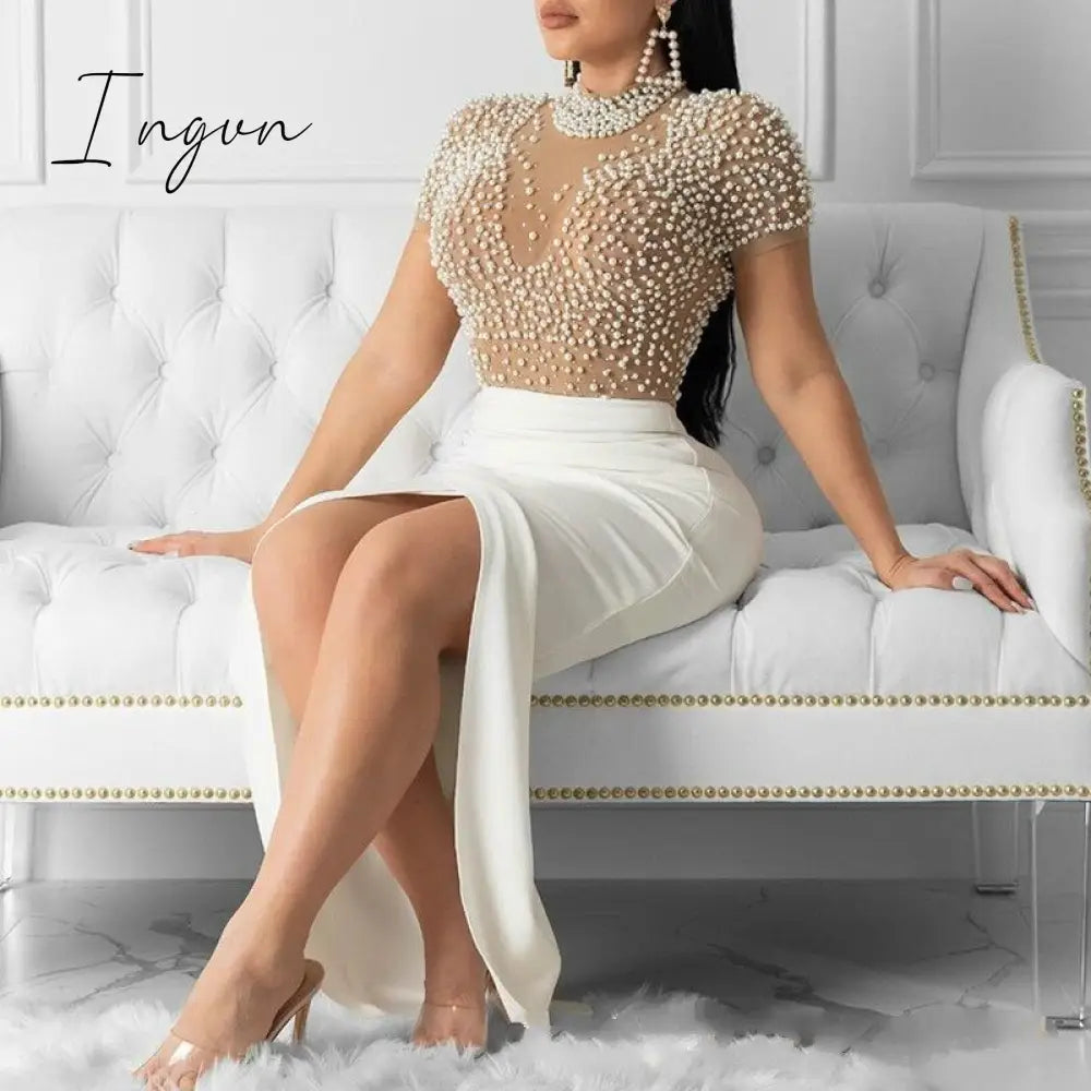 Ingvn - Women Sexy Dress Transparent Tulle with Bead Tops Patchwork Slit Party Dresses Short Sleeves Female Summer Night Date Out
