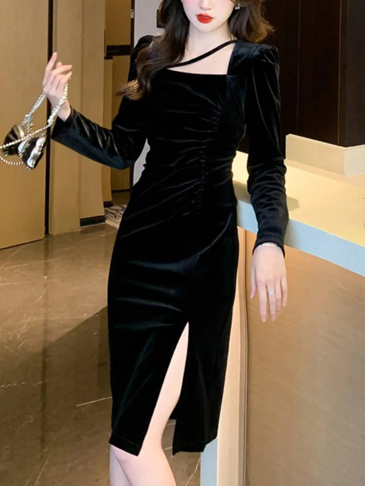 Vintage Bodycon Velvet Party Dresses for Women Elegant Slim Slit Evening Prom Vestidos Autumn Female One Piece Black Clothes New
