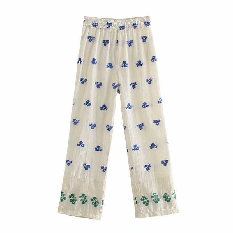 Voguable  Cotton Linen Beige Folk Vintage Sleeveeless Women Sets Casual Crop Top Wide Leg Slip Pants Suits Summer Floral Sets