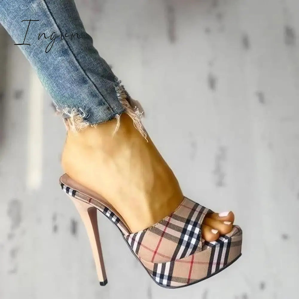 Ingvn - Women's Peep Toe Plaid Slip-on Stilettos Thin Heels
