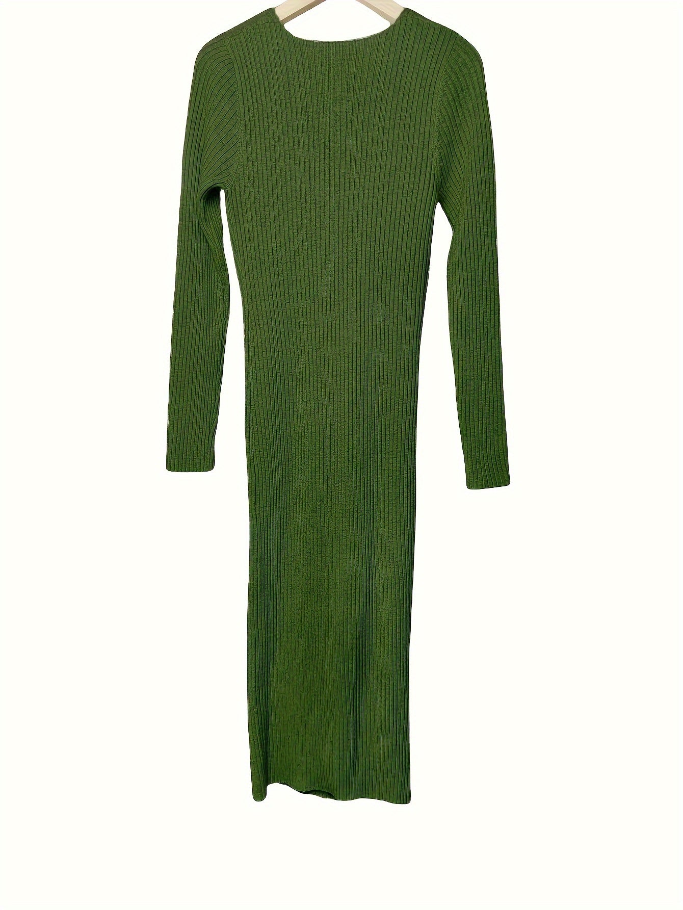 Solid Color Ribbed Long Sleeve Dress, Casual Knitted V Neck Dress For Spring & Fall, Women's Clothing