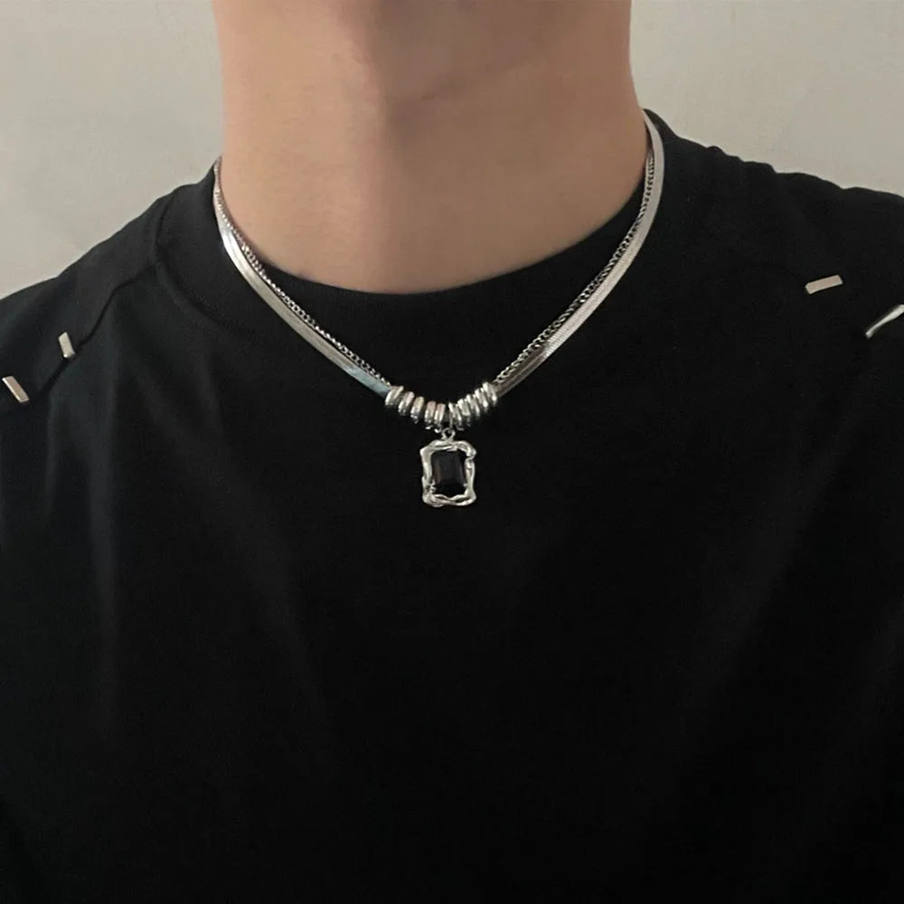 INGVN  Hip Hop Zircon Star Double Layer Necklace For Men Women Trend Charm Titanium Steel Pendant Chain Unisex Jewelry