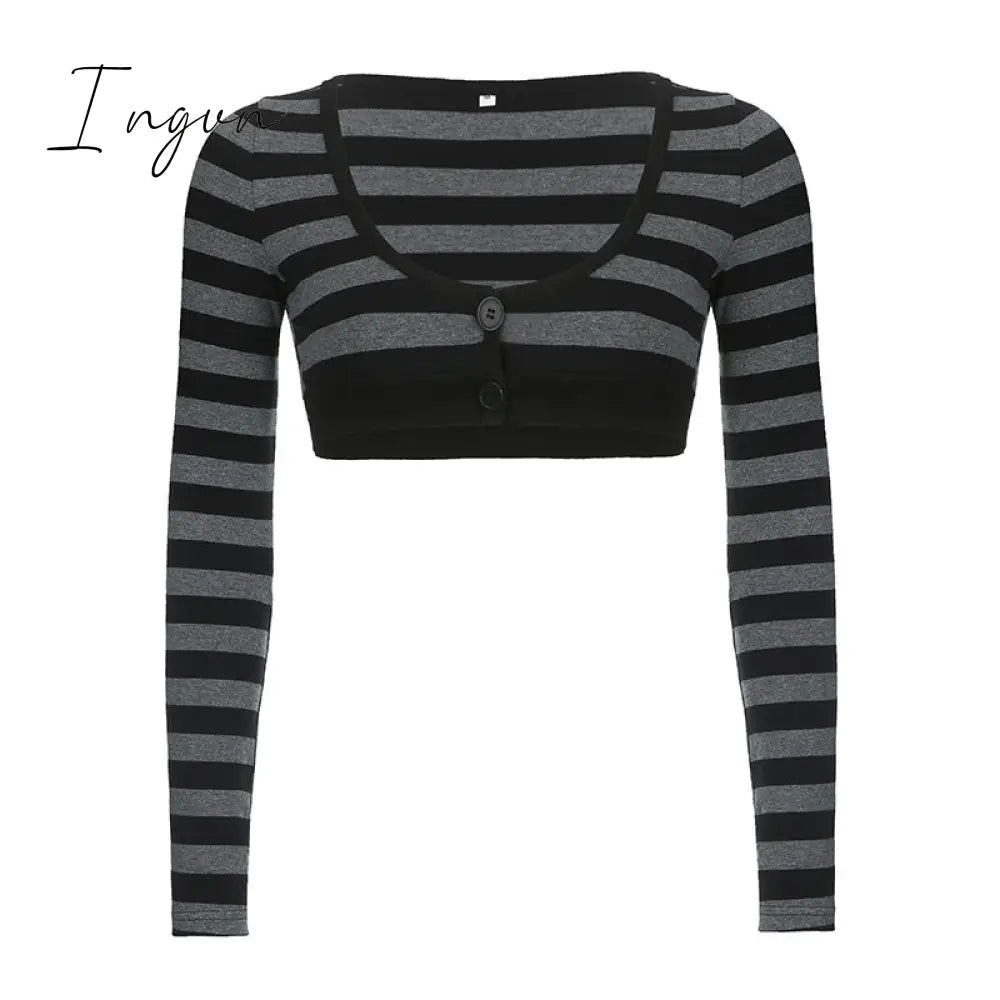 Ingvn - Y2K Striped Crop Top Button Knitted Full Sleeve T Shirt V Neck Vintage Grunge Tee Autumn Winter Women Harajuku Outfits