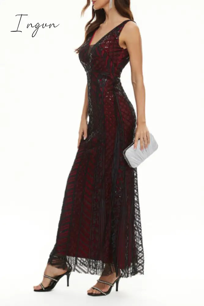 Ingvn - Sexy Formal Patchwork V Neck Evening Dress Dresses