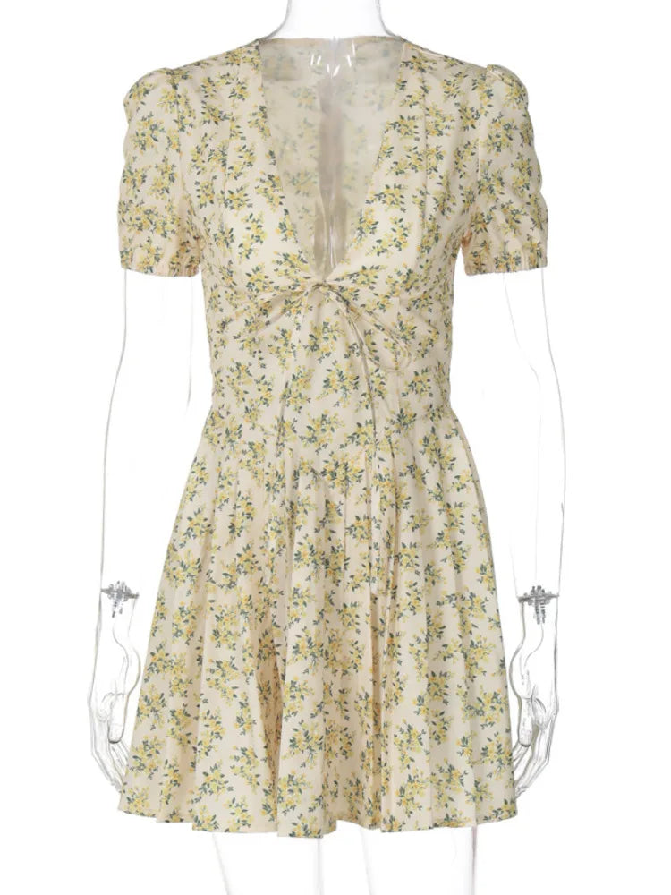 Deep V Neck Print Sexy Mini Dress For Women Fashion Lace-up Short Sleeve A-line Pleated Dress Elegant New Clothes