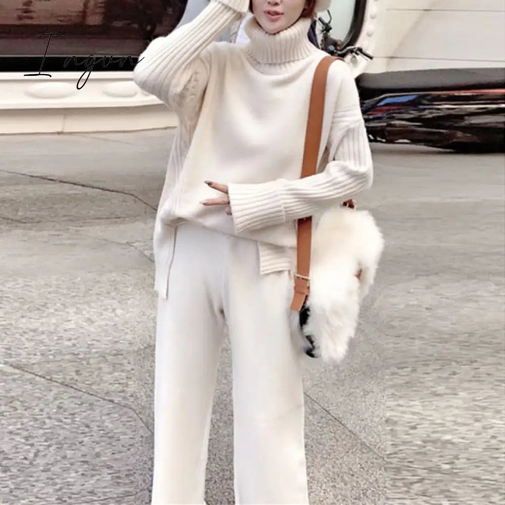 Ingvn - sweater set women tracksuit spring autumn knitted suits 2 piece set warm turtleneck sweater pullovers wide legs pants