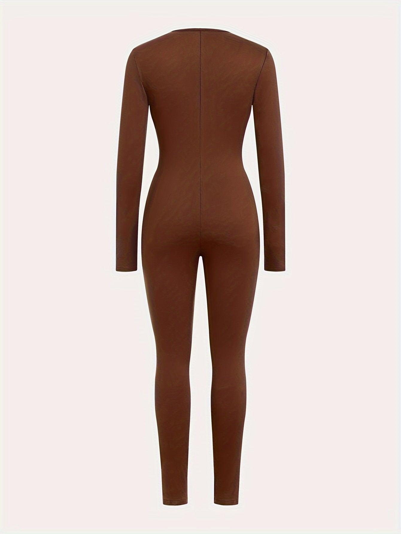 Solid Color Zip-up Skinny Jumpsuit, Athleisure Long Sleeve Jumpsuit For Spring & Fall, Women's Clothing
