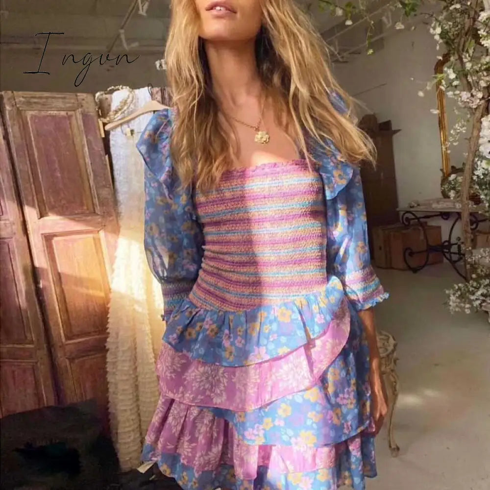 Ingvn - Inspired mixed floral prints ruffled party dress puff sleeve square neck smocked sexy laides dress mini chic summer dress