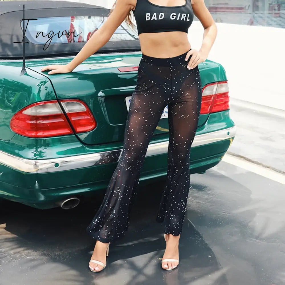 Ingvn - Glitter Black Mesh Sexy Flare Pants Streetwear Rave Bottoms See Through Beach Bell Bottom Pants Summer 2023