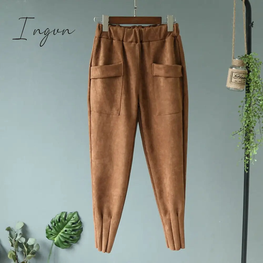 Ingvn - Casual Autumn Winter Women Pants Korean Elastic High Waist Pockets Suede Harem Pants Trousers Women Pantalon Femme
