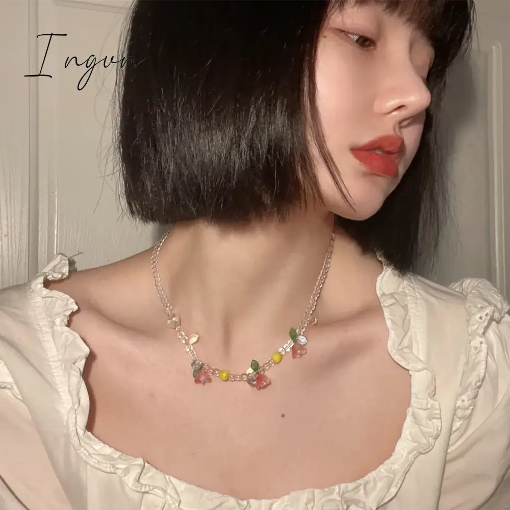 New Korean Fashion Cute Colorful Fruit Flower Beaded Necklace for Women Girls Aesthetic Jewelry Gifts Wedding Party