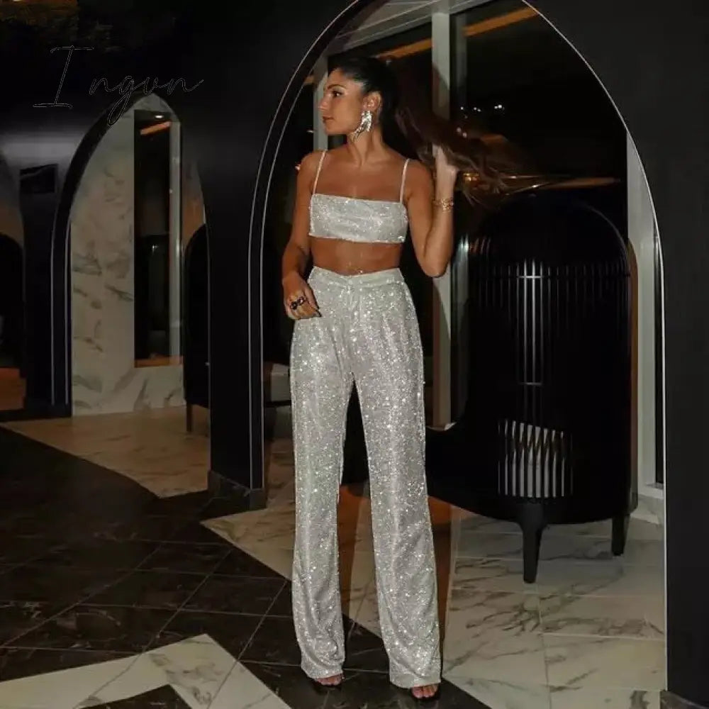 Ingvn - Y2K New In Matching Sets Women's Blazer Suits Two Pieces Set Festival Party Club Glitter Lace Up Crop Tops Pants Outfits