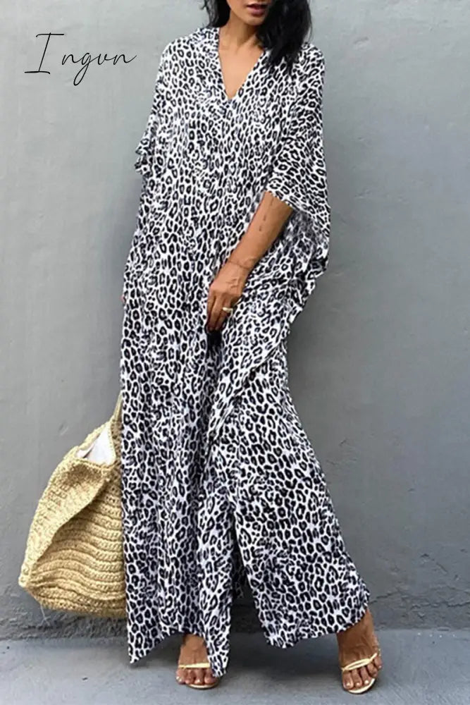 Ingvn - Vintage Vacation Print Leopard Slit Swimwears Cover Up