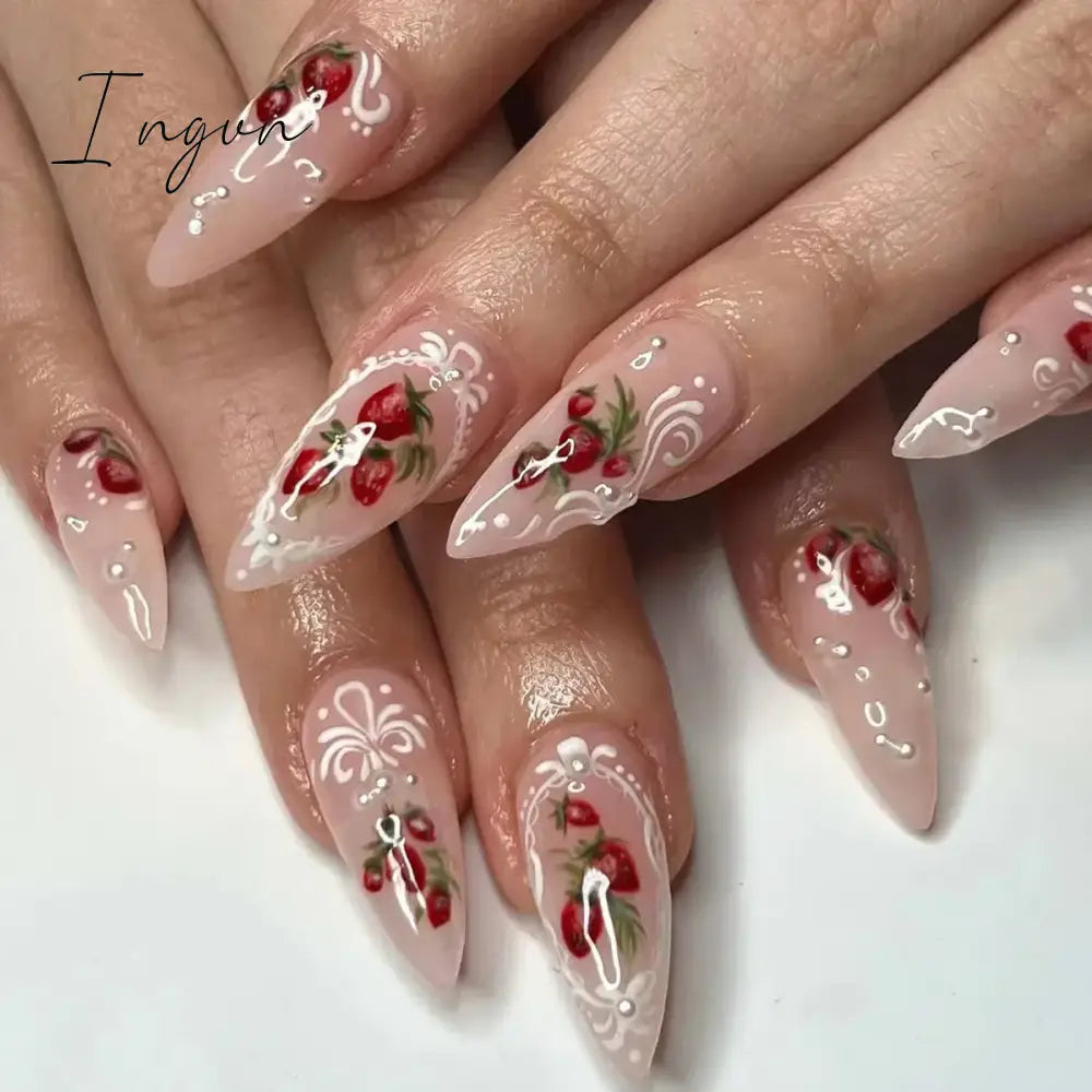 24Pcs 3D Long Almond False Nails Red Nude Ballet Stiletto Wearable Fake Nails MilkTea Color Jelly Full Cover Press On Nail Tips