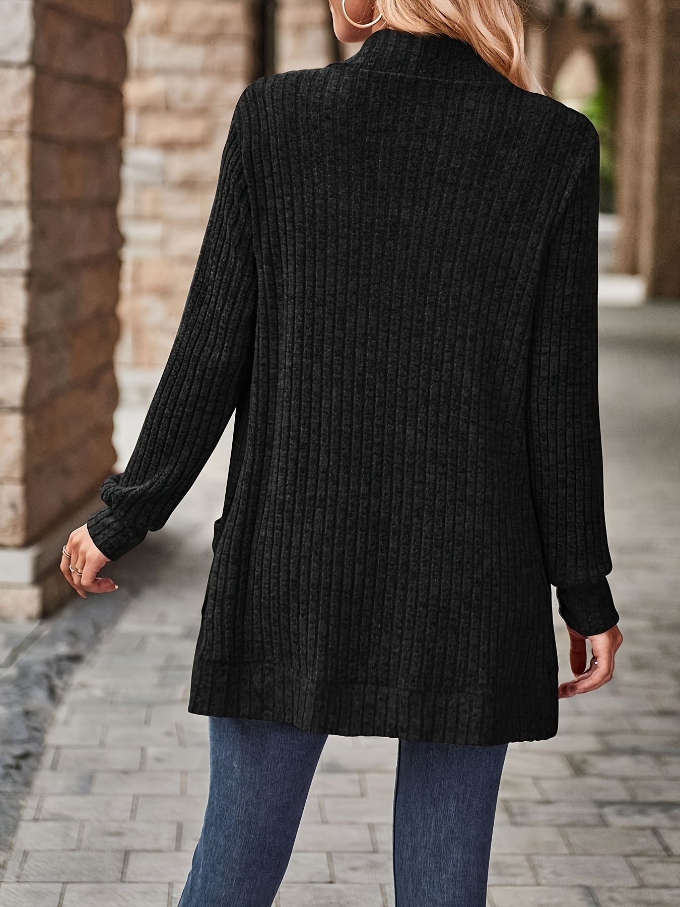 Cozy Rib Knit Cardigan for Women - Soft & Stylish Solid Open Front Sweater with Pockets - Casual Long Sleeve Fashion Clothing