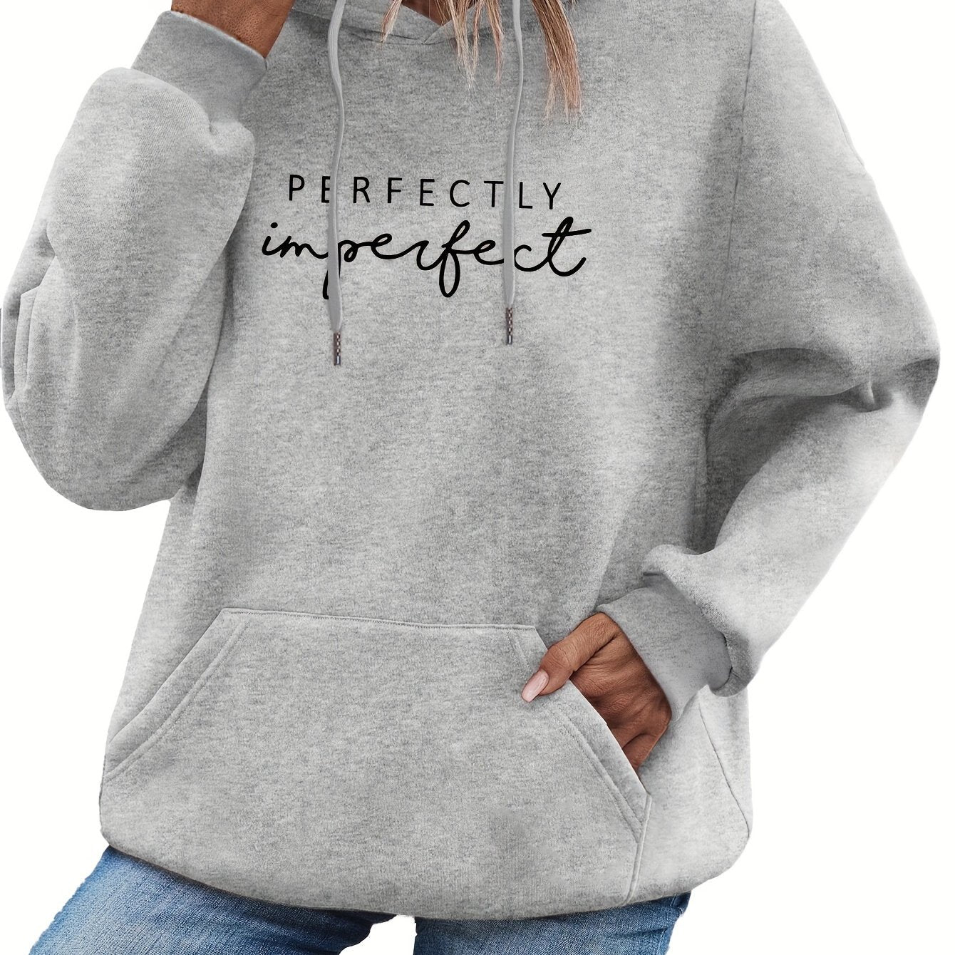 Ingvn  Letter Print Kangaroo Pocket Hoodie, Casual Long Sleeve Drawstring Hoodies Sweatshirt, Women's Clothing