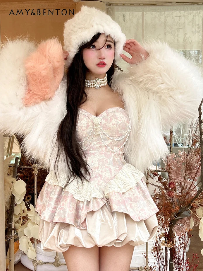 Sweet Elegance Retro Jacquard Strapless Dress for Women Lolita Dresses Cute Pearl Pendant Slim Fit Patchwork Sexy Mini Dress