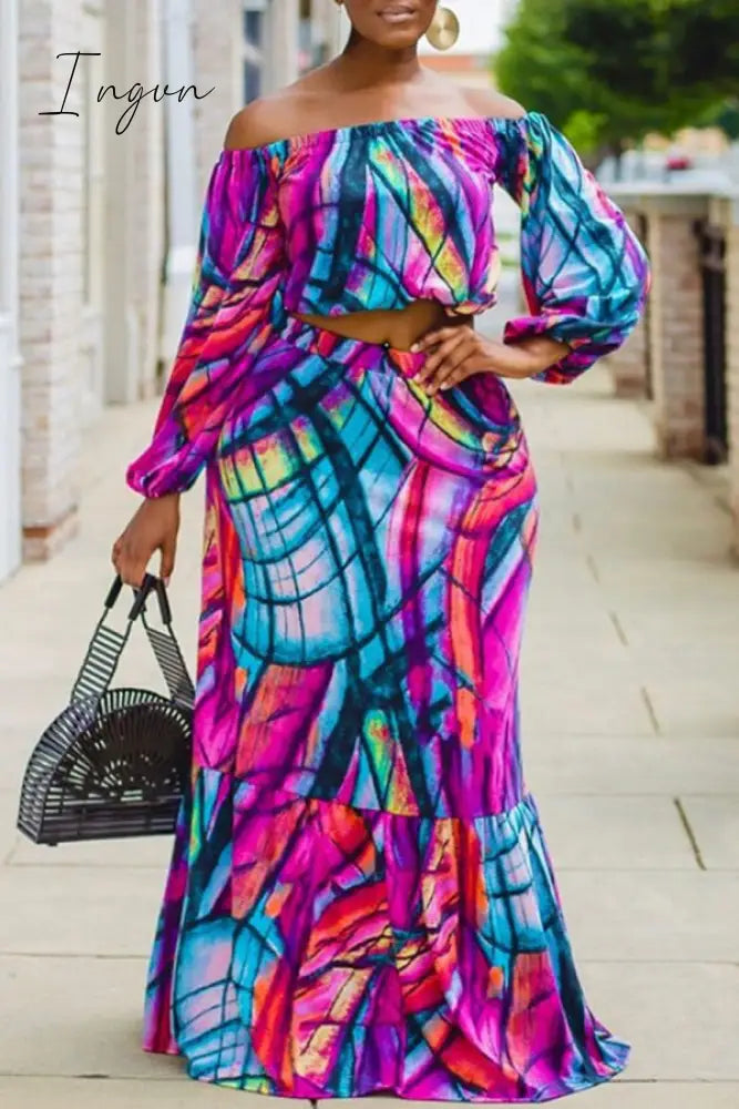 Ingvn - Red Plus Size Casual Print Patchwork Off the Shoulder Straight Plus Size Two Pieces