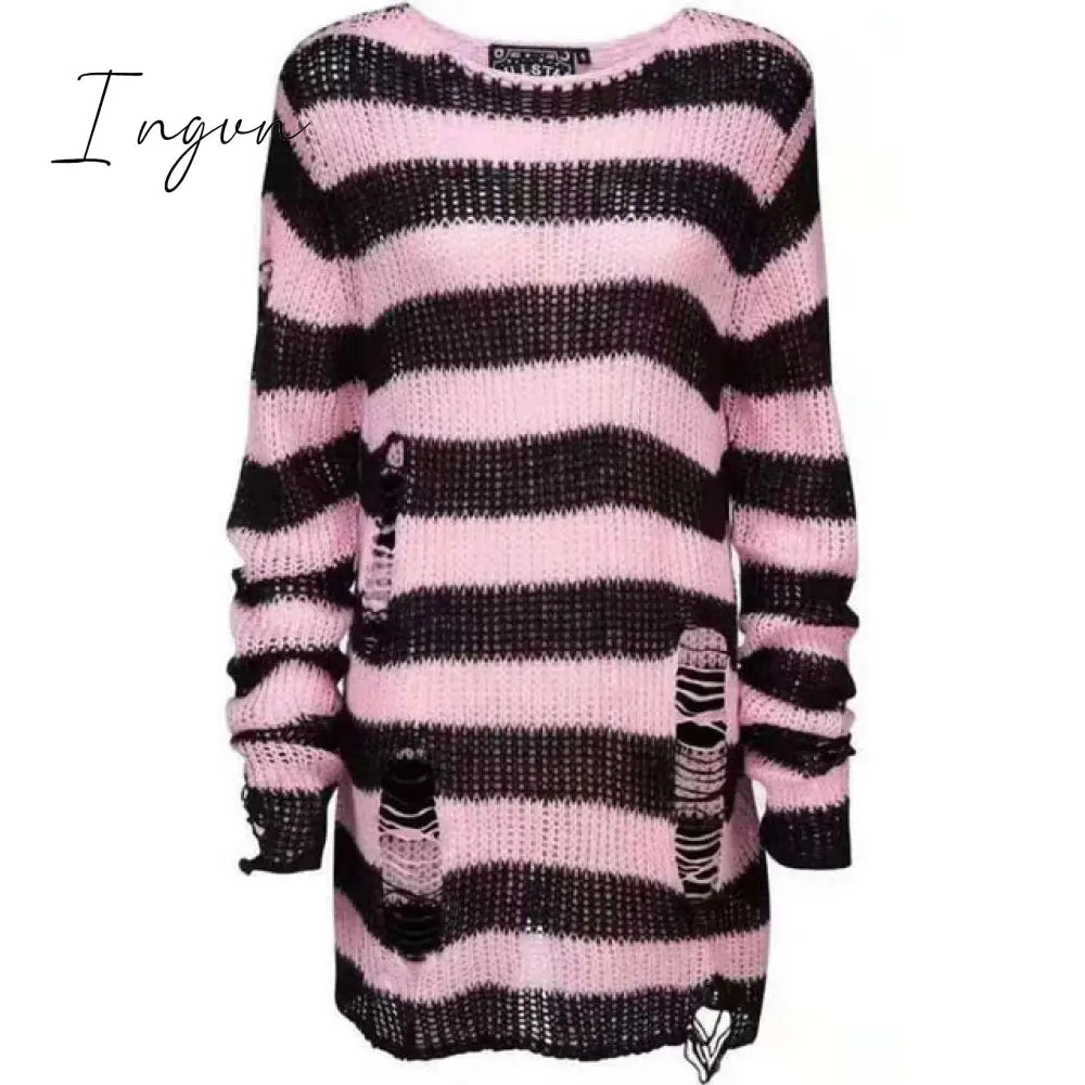 Ingvn - Halloween 200 Gothic Knitted Sweater Women Long Pullovers Striped Loose Winter Ripped Plus Size Sweaters Jumpers Mujer Jersey