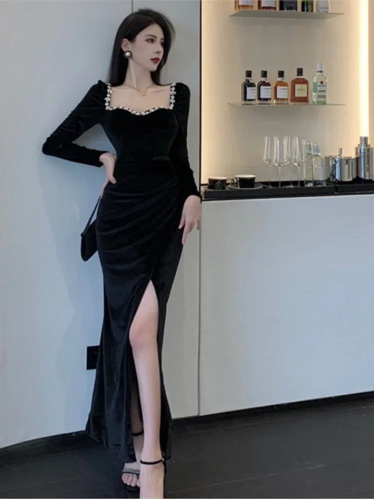 Autumn Sexy Bodycon Evening Party Dress Women Velvet Diamonds Prom Robe Ladies France Vintage Split Mermaid Vestidos Mujer New