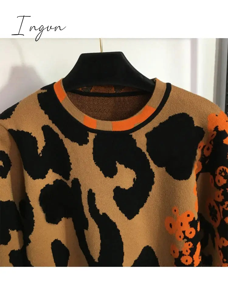 Ingvn - 2023 New Women Fashion Casual Comfortable Leopard Print Crew Neck Long-Sleeved Pullover Sweater