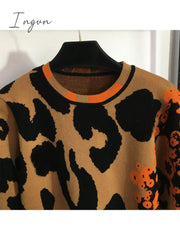 Ingvn - 2023 New Women Fashion Casual Comfortable Leopard Print Crew Neck Long-Sleeved Pullover Sweater