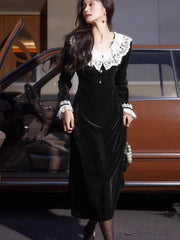 Y2k Vintage Evening Party Velvet Dress Women Franch Elegant Lace Patchwork Black Dresses Autumn Winter Korean Fashion Vestidos