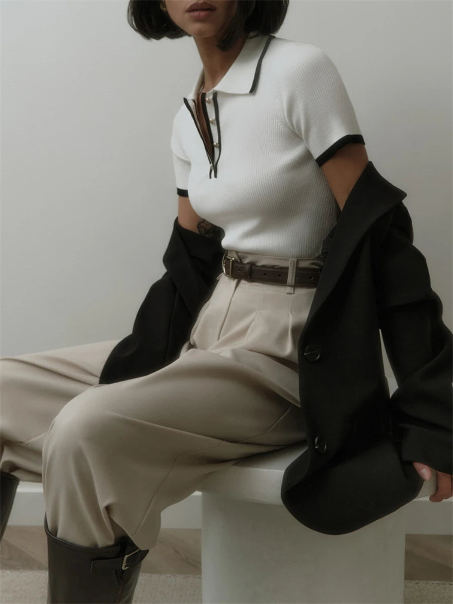 Ingvn  Knit Sweater Pullover Women Short Sleeve Patchwork Slim  Elegant Contrast Knitwear Top Female Skinny Ribbed Pullover