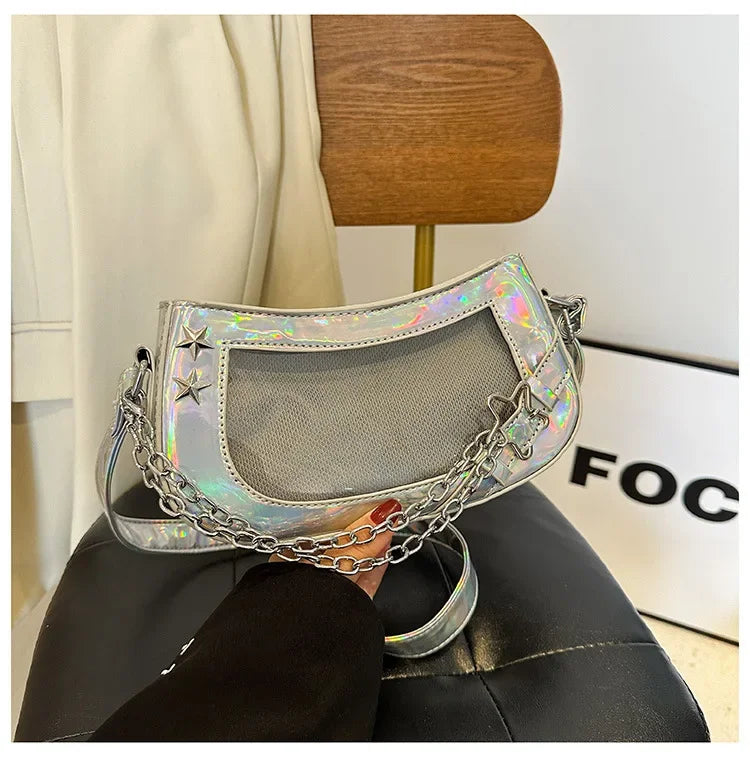 Ingvn  Laser Silver Shoulder Bag for Women Designer Casual Fashion Transparent Lolita Ita Bag Jk All-match Chain Y2k New Handbag