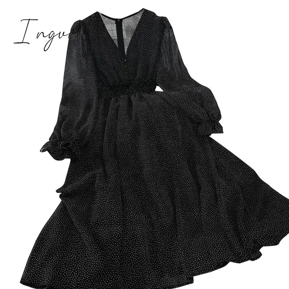 Ingvn - New Autumn V Neck Polka Dot Slim Chiffon Dress Button Puff Sleeve High Waist Elegant Women Mid-calf Dress
