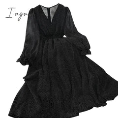 Ingvn - New Autumn V Neck Polka Dot Slim Chiffon Dress Button Puff Sleeve High Waist Elegant Women Mid-calf Dress