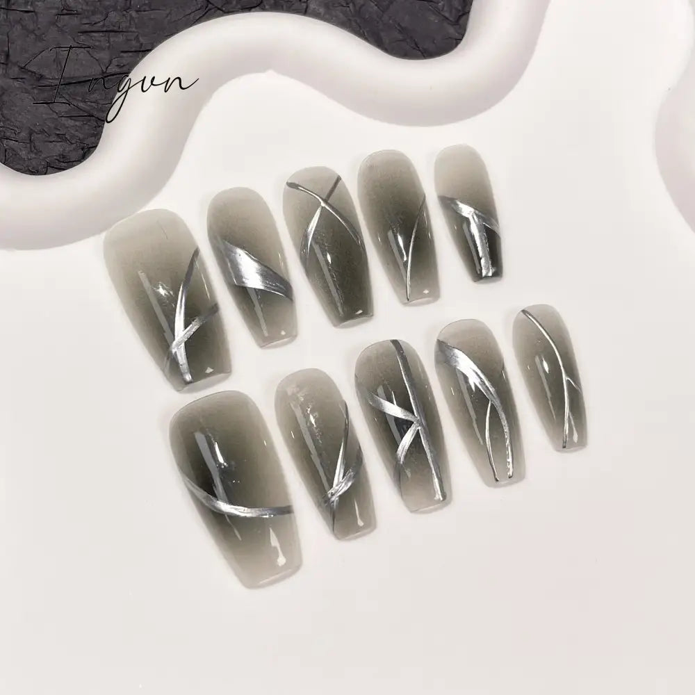 10Pcs Black Handmade Press On Nails Coffin Fake Nails Full Cover Gradient Metal Contrast Artificial Manicure Wearable Nail Tips