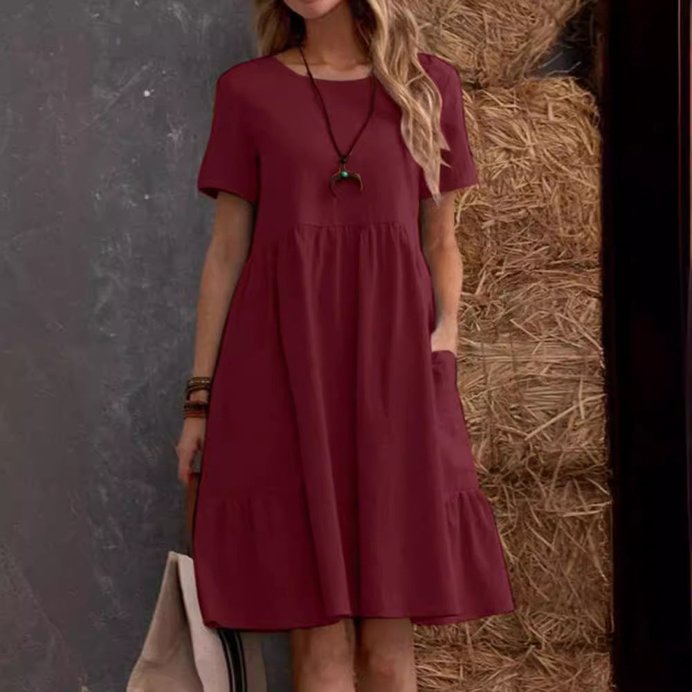 Summer European and American  Station Retro Loose Pocket Solid Color Crewneck Women's Cotton and Linen dress