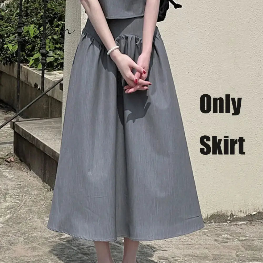 Ingvn - Summer Retro Two Piece Women Skirt Sets Sweet Outifits Puff Sleeve Crop Top+A Line Midi Skirts Korean Fashion Hepburn Dress Suit