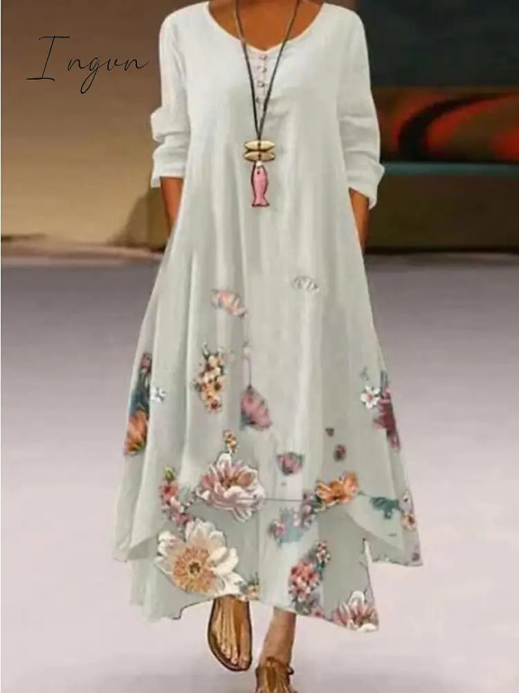 Ingvn - Women‘s Long Dress Maxi Dress White Yellow Pink Long Sleeve Floral Print Summer Spring Fall Crew Neck Summer Dress Regular Fit 2023 S M L XL XXL 3XL 4XL 5XL